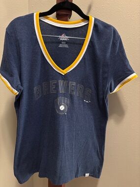 Majestic Navy and Yellow Brewers V-Neck Tee
